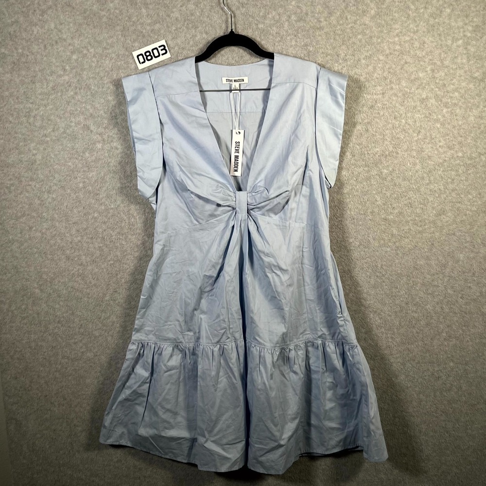 Steve Madden Mini Dress Womens Large Light Blue Knotted Front V Neck Ruffle Hem